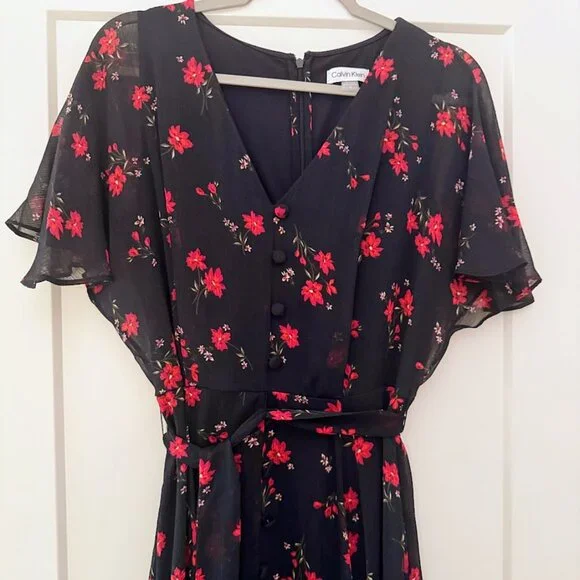 Calvin Klein Navy Floral V-Neck Chiffon Midi Dress – Size 12 - Picture 7 of 9